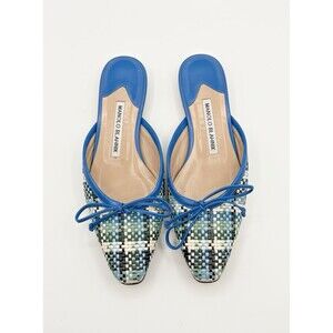 Manolo Blahnik Blue Woven Leather Mules Flats w/ Ribbon Accent Sz EU 35.5